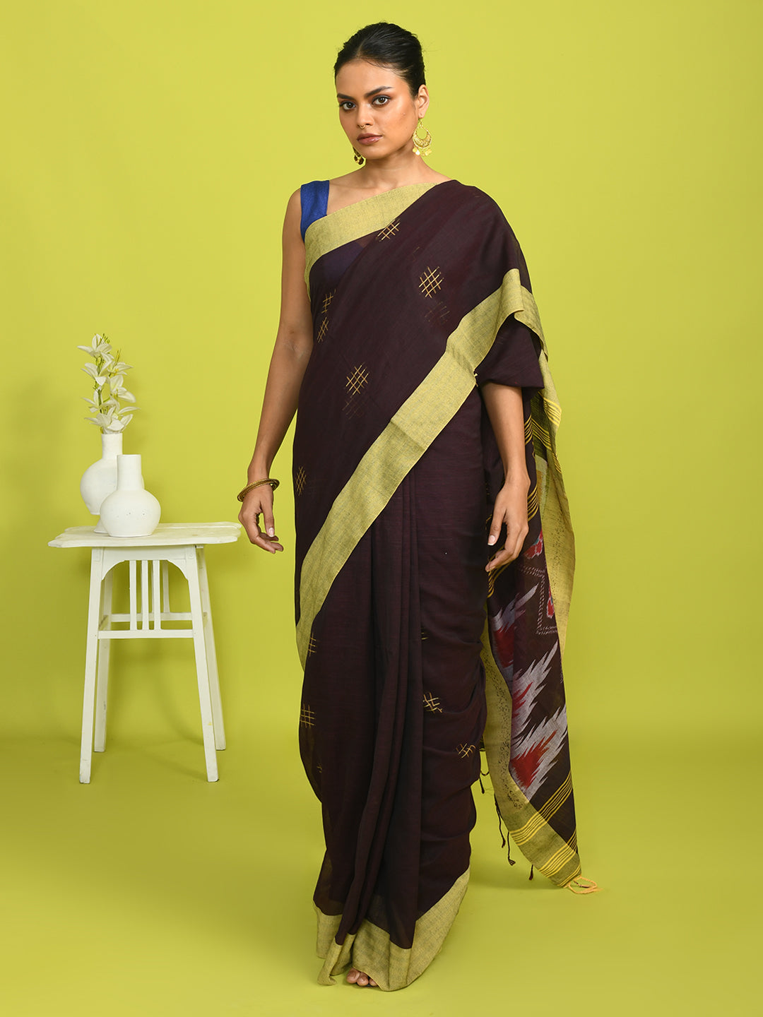 Ikat Brown Woven Design Daily Wear  Saree