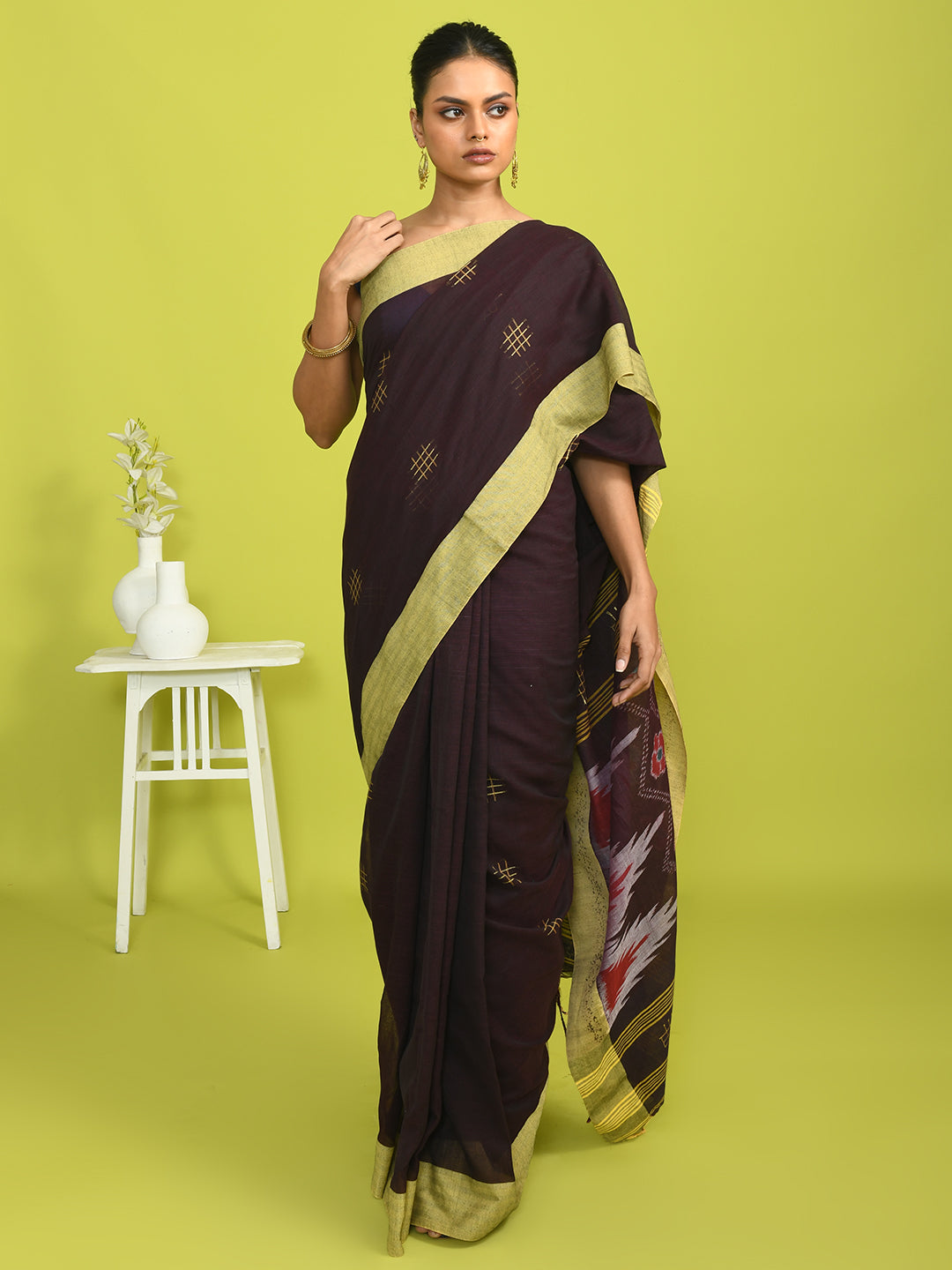 Ikat Brown Woven Design Daily Wear  Saree