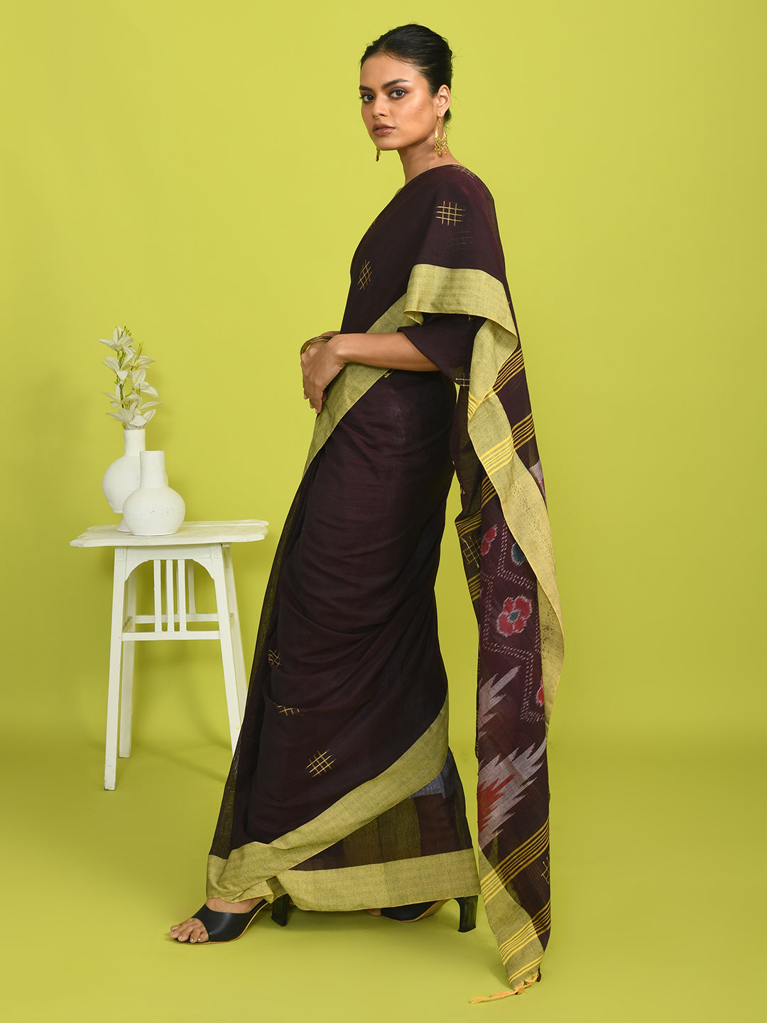 Ikat Brown Woven Design Daily Wear  Saree