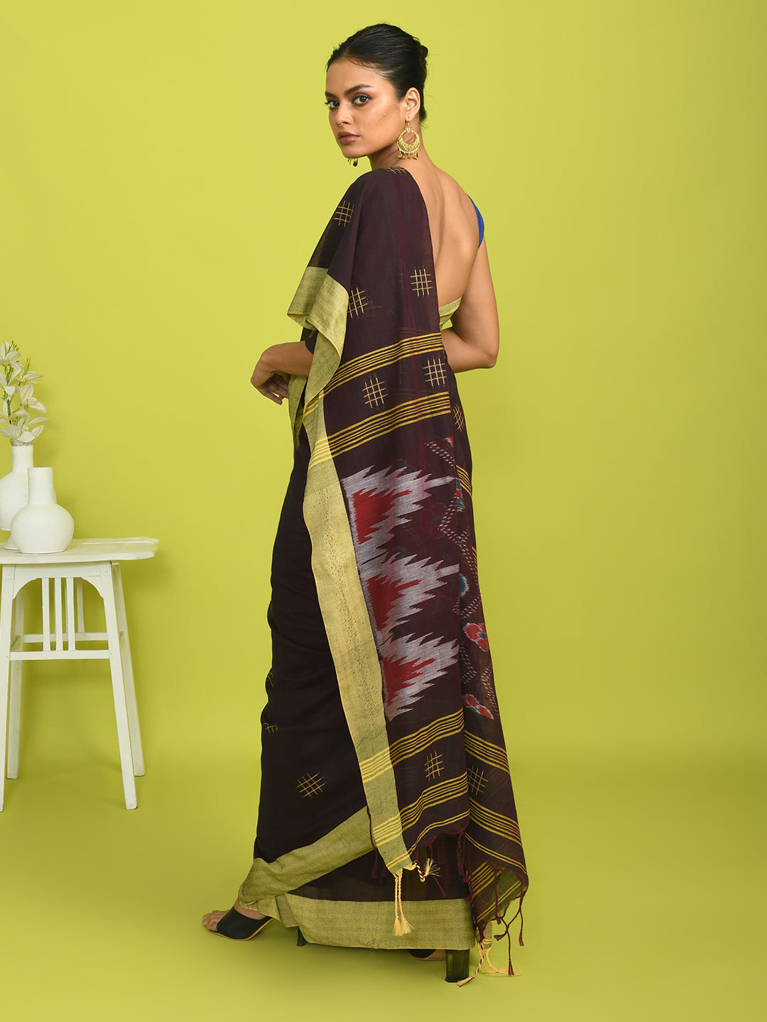 Ikat Brown Woven Design Daily Wear  Saree