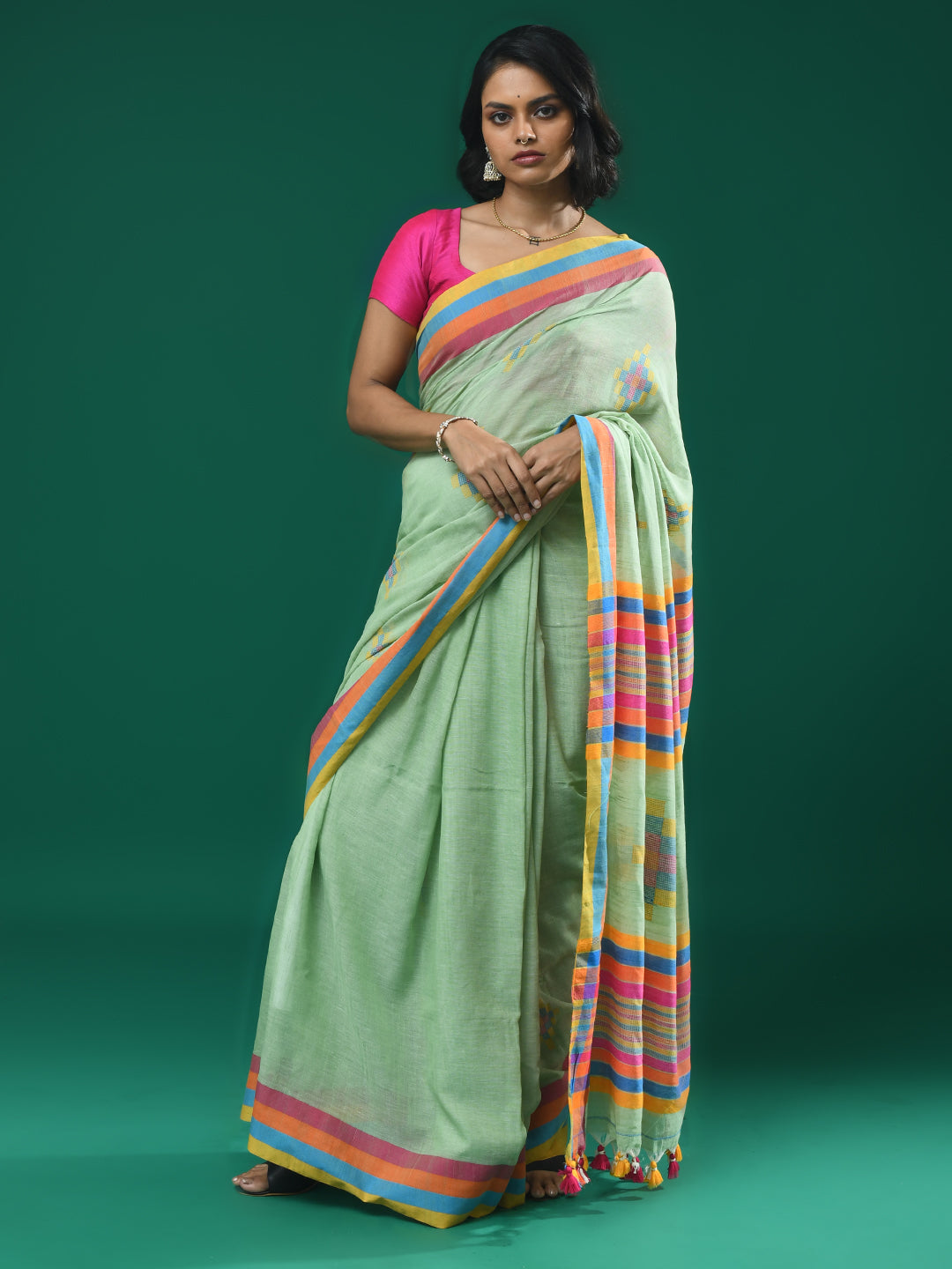 Jamdani Green Woven Design Daily Wear  Saree