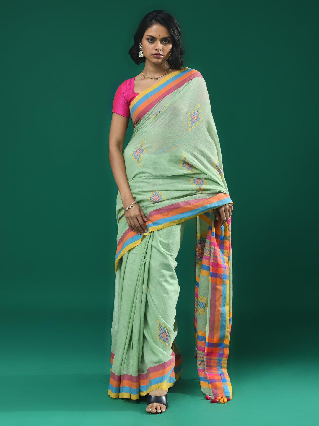 Jamdani Green Woven Design Daily Wear  Saree