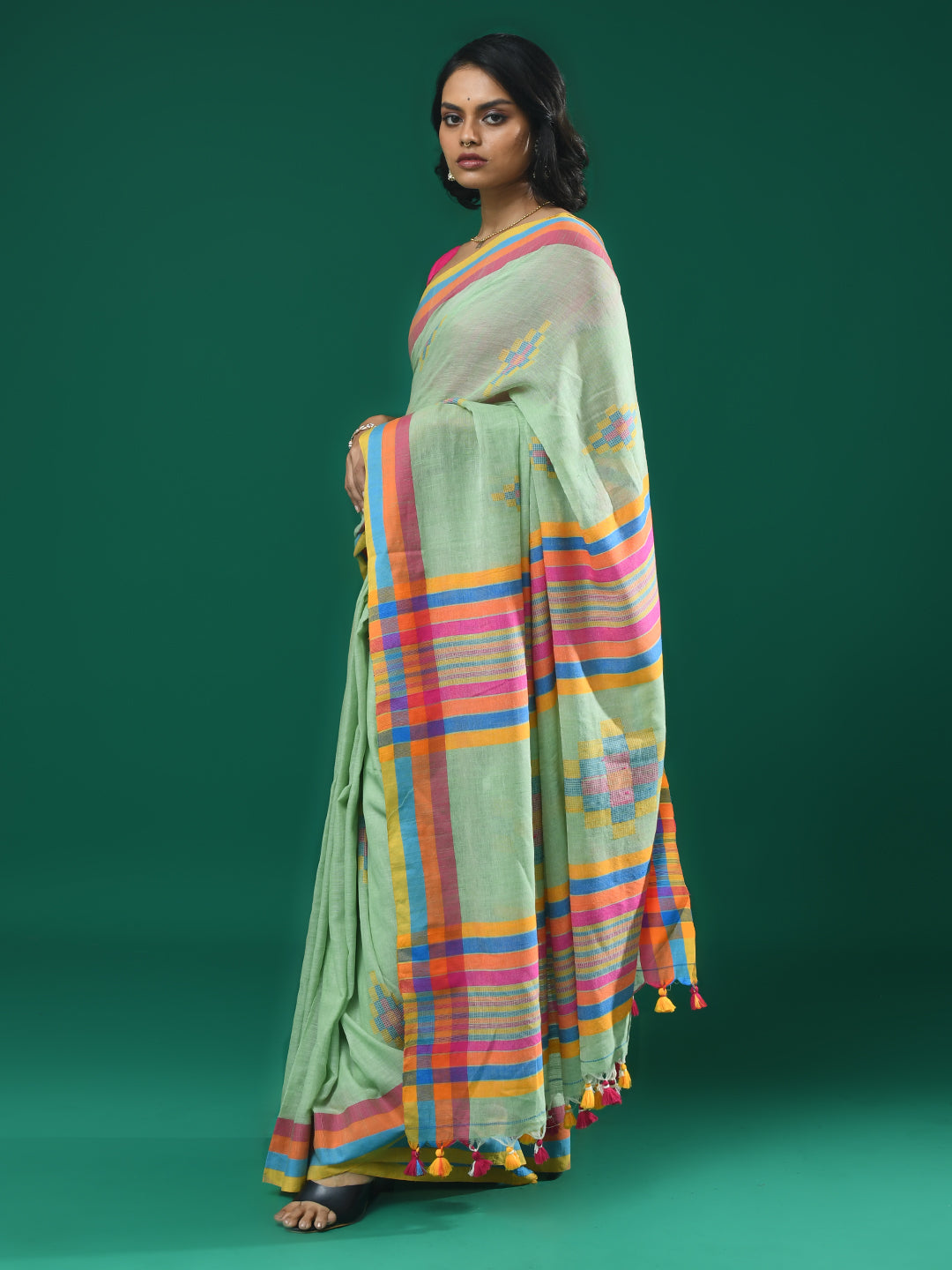 Jamdani Green Woven Design Daily Wear  Saree