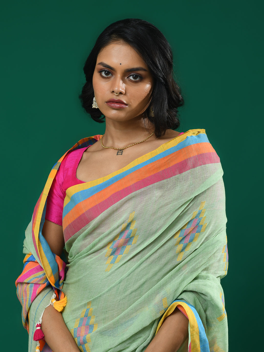 Jamdani Green Woven Design Daily Wear  Saree