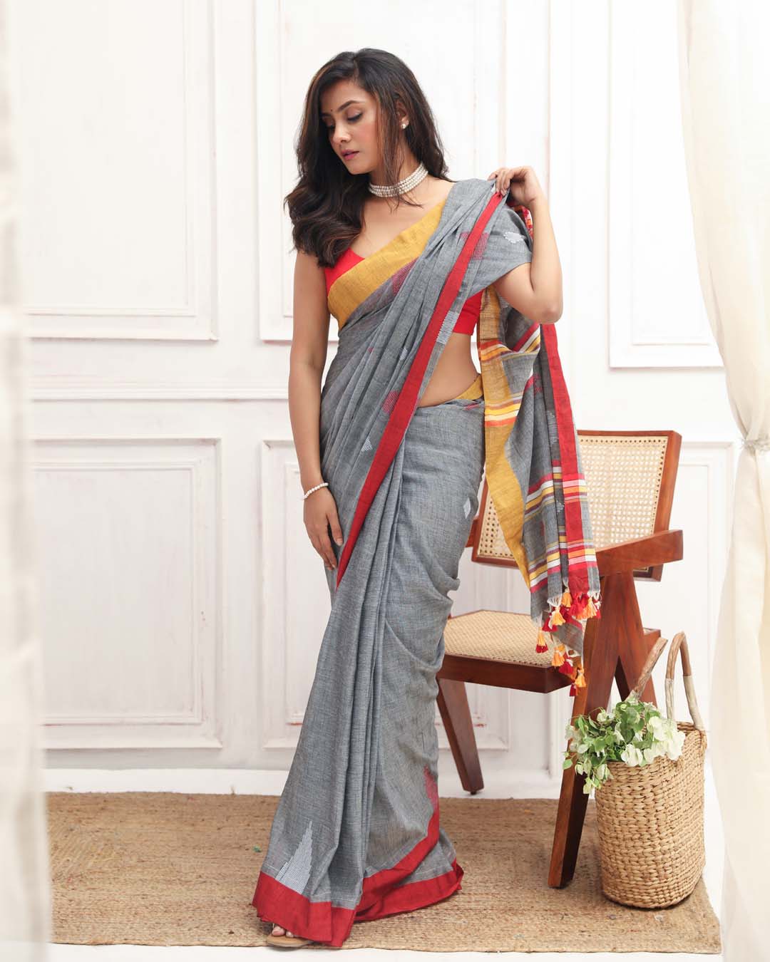 Jamdani Grey Woven Design Daily Wear  Saree