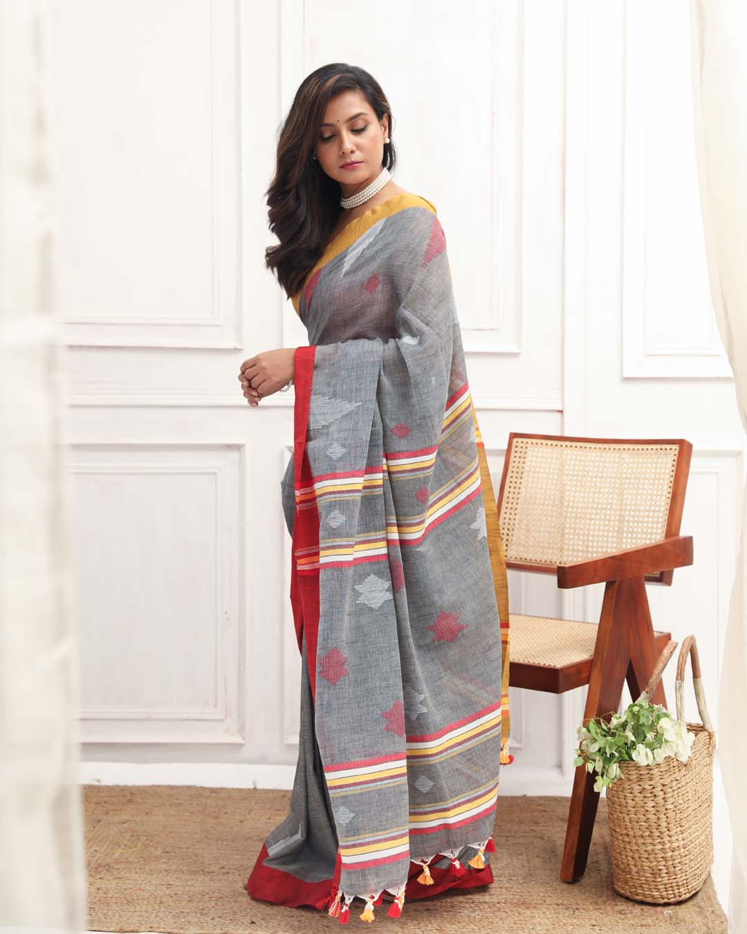 Jamdani Grey Woven Design Daily Wear  Saree