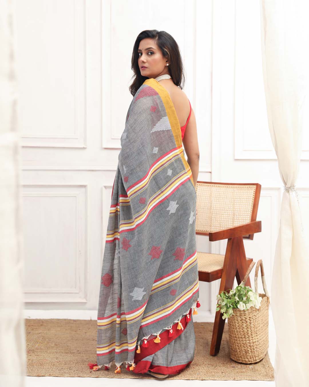 Jamdani Grey Woven Design Daily Wear  Saree