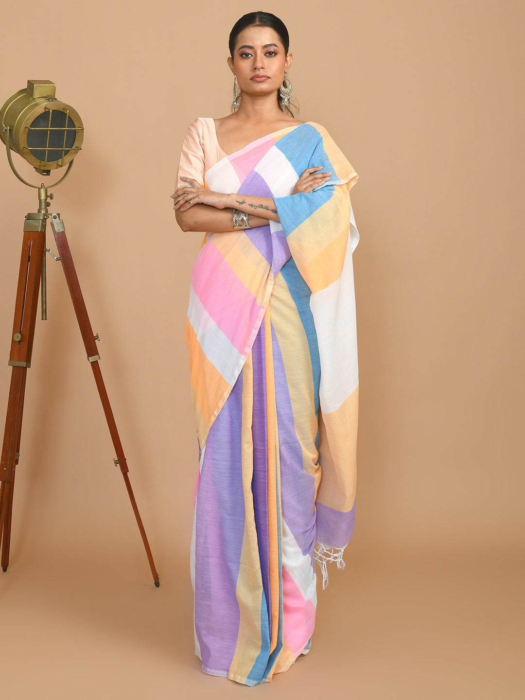 Multi Coloured Striped Daily Wear  Saree