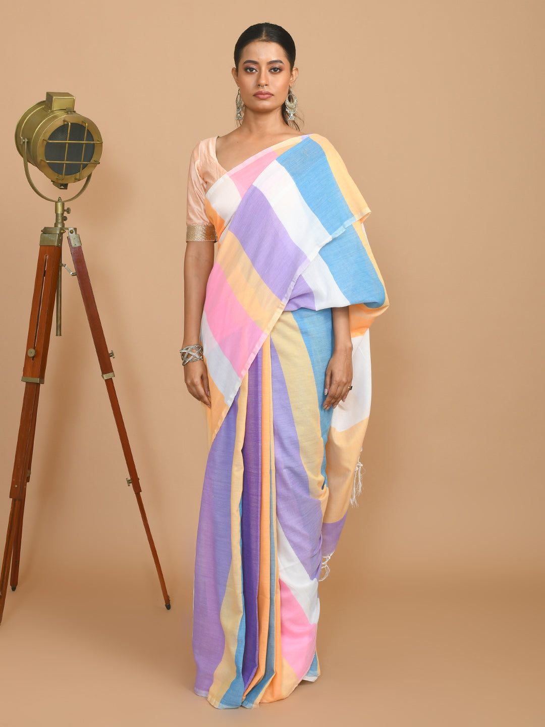 Multi Coloured Striped Daily Wear  Saree