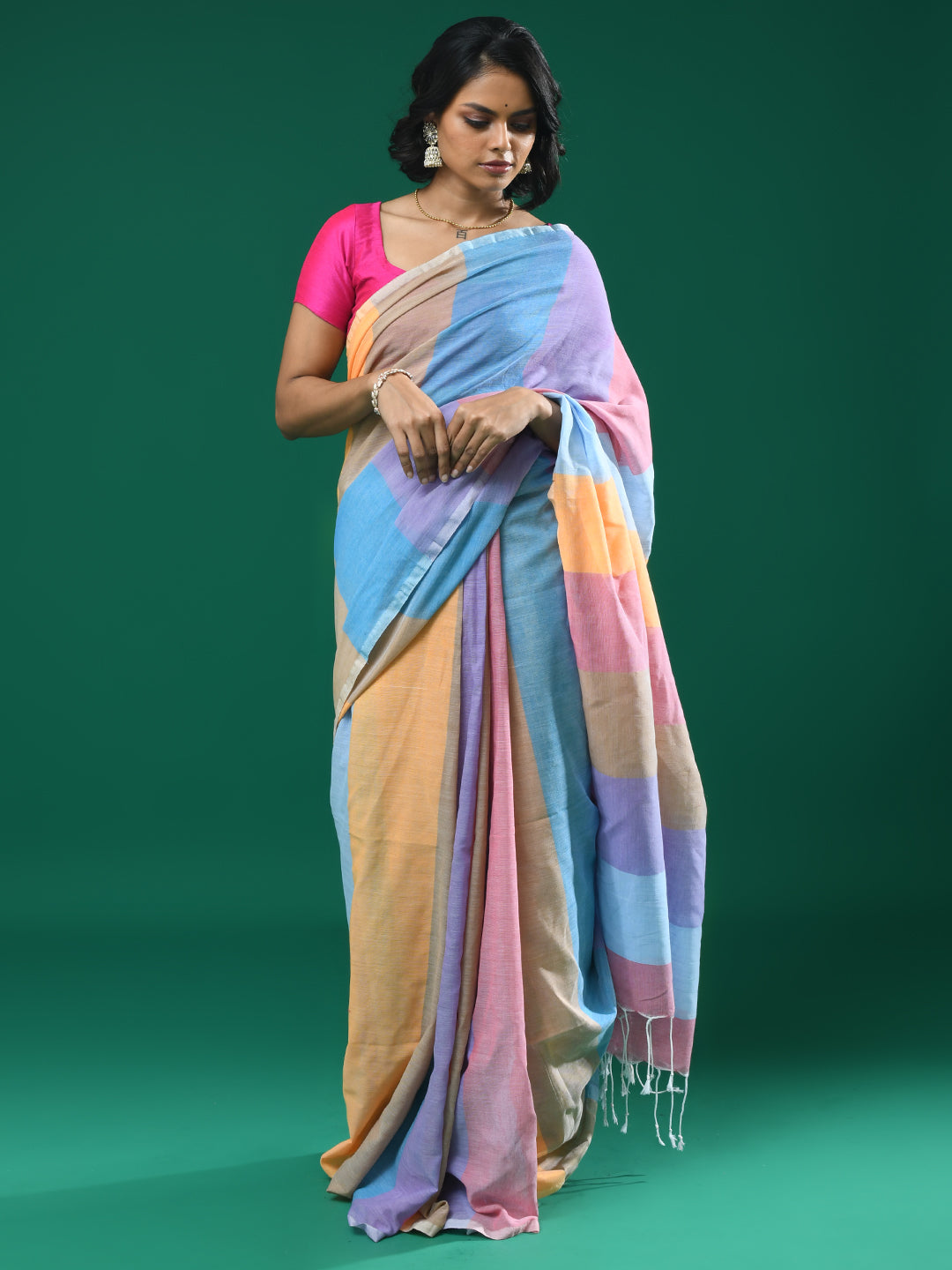 Multi Coloured Striped Daily Wear  Saree