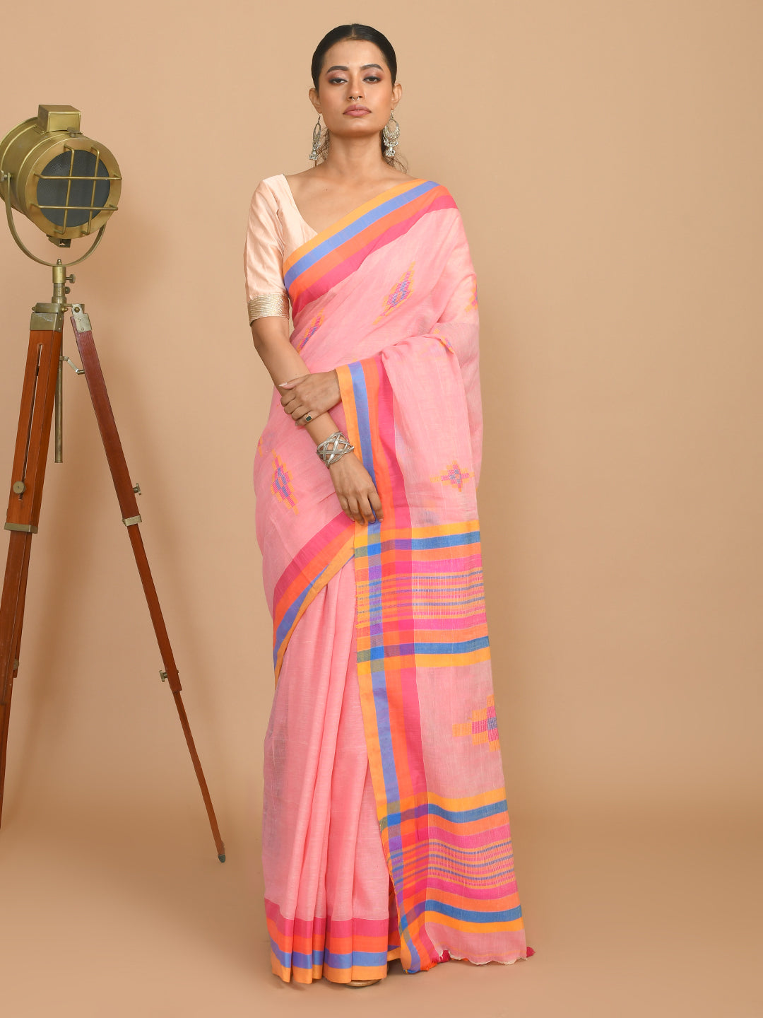 Jamdani Pink Woven Design Daily Wear  Saree