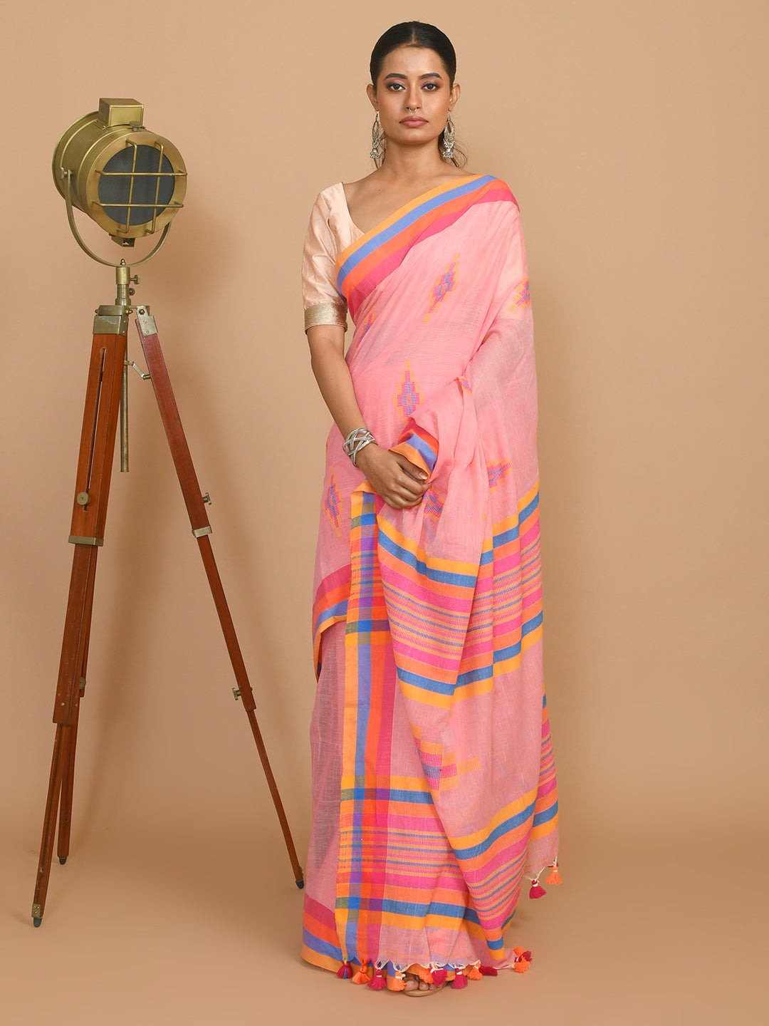 Jamdani Pink Woven Design Daily Wear  Saree