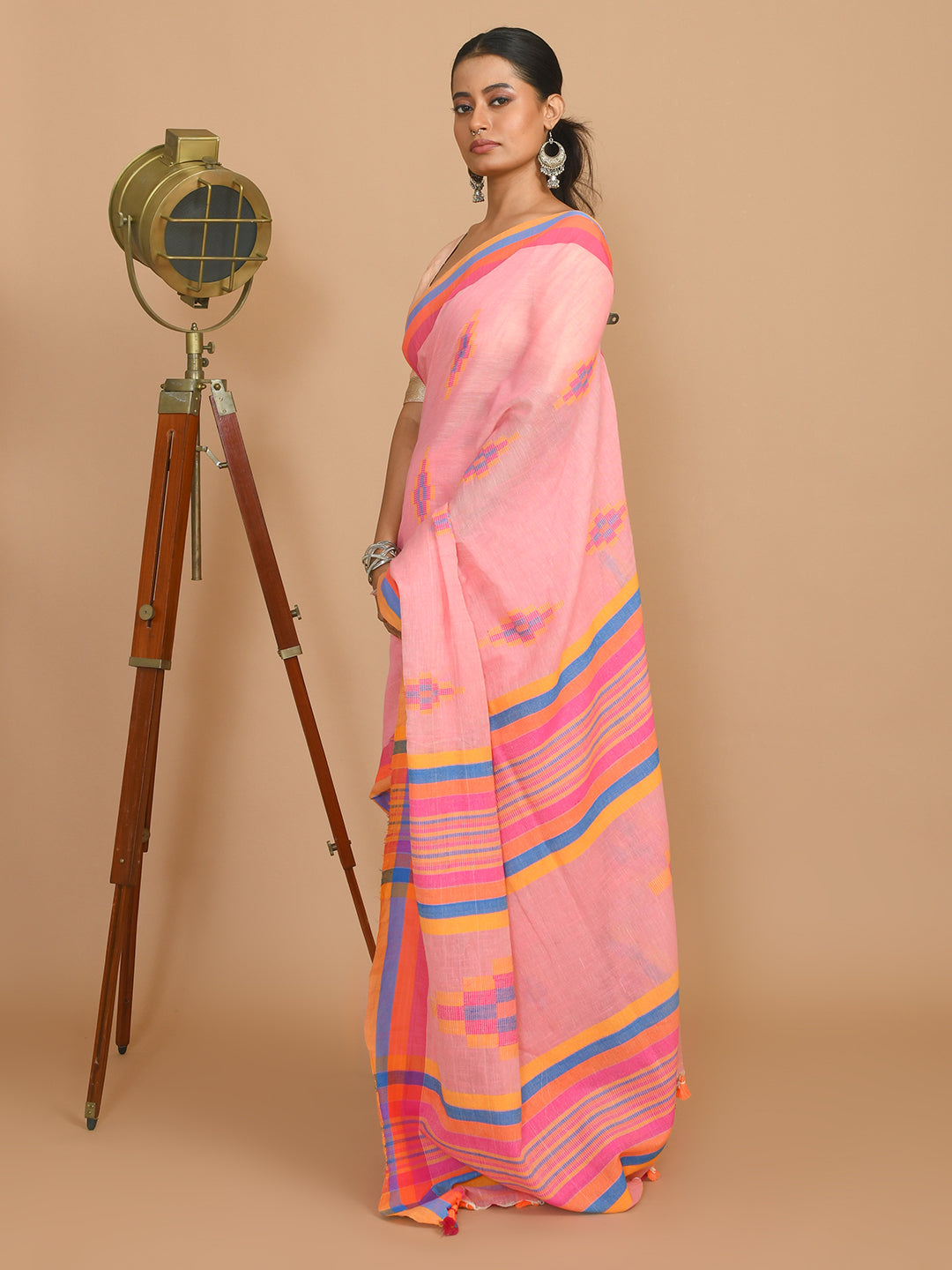 Jamdani Pink Woven Design Daily Wear  Saree