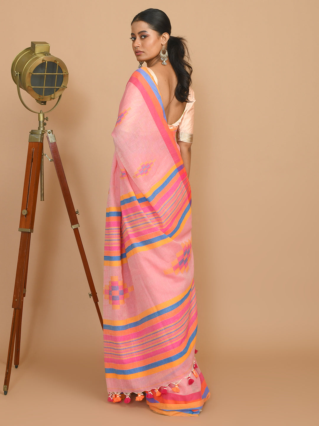 Jamdani Pink Woven Design Daily Wear  Saree