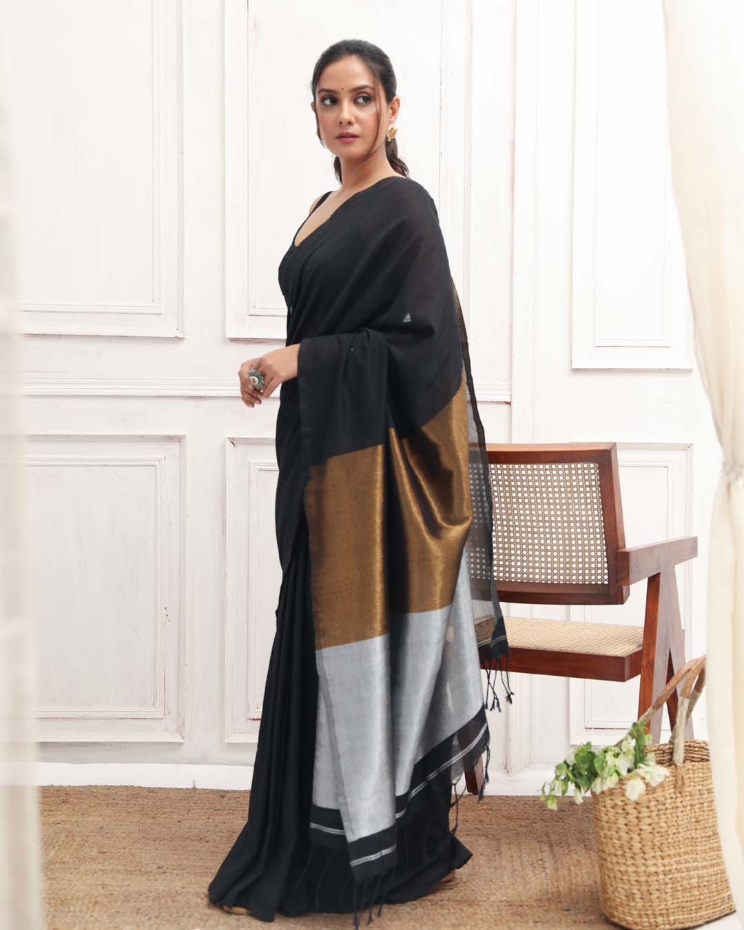 Black Solid Work Wear  Saree