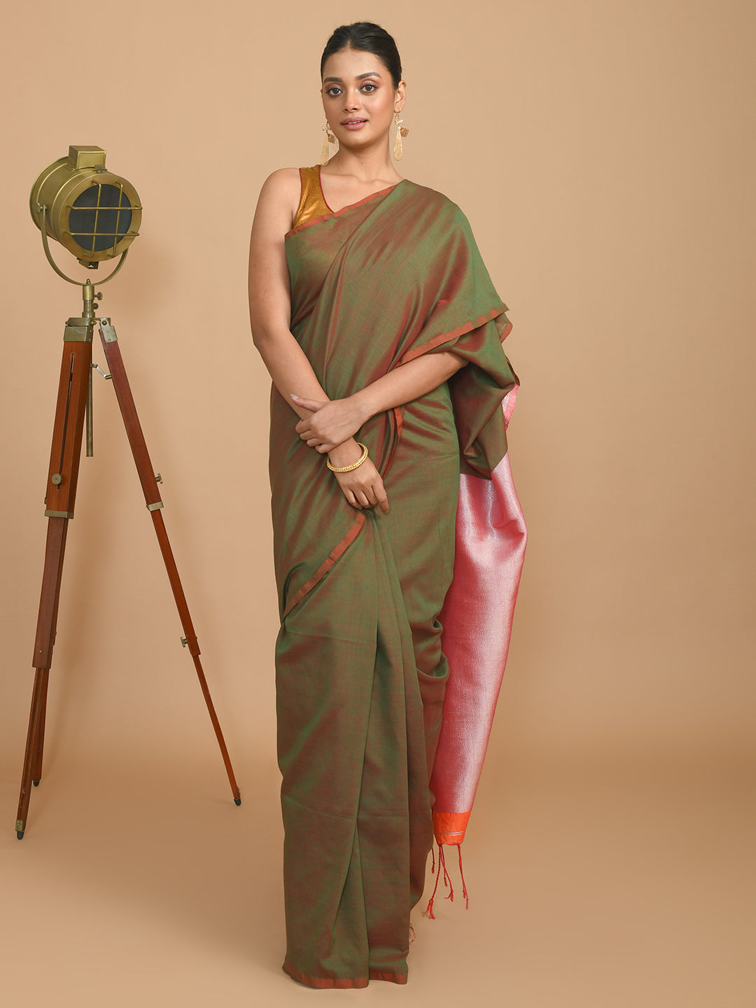 Green Solid Work Wear  Saree