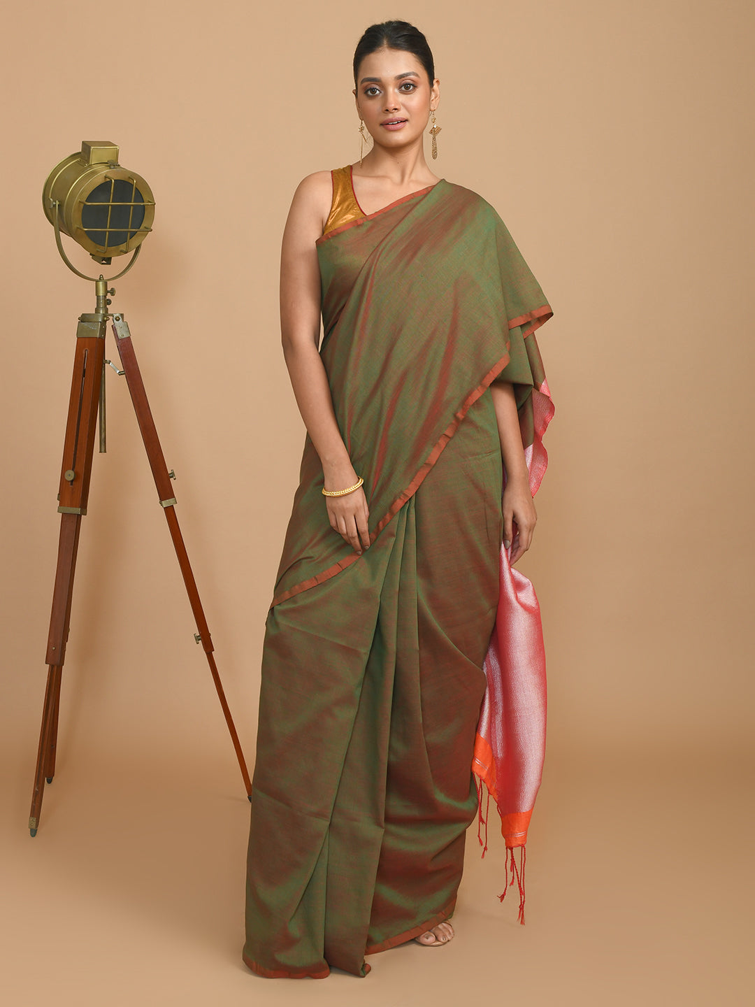 Green Solid Work Wear  Saree