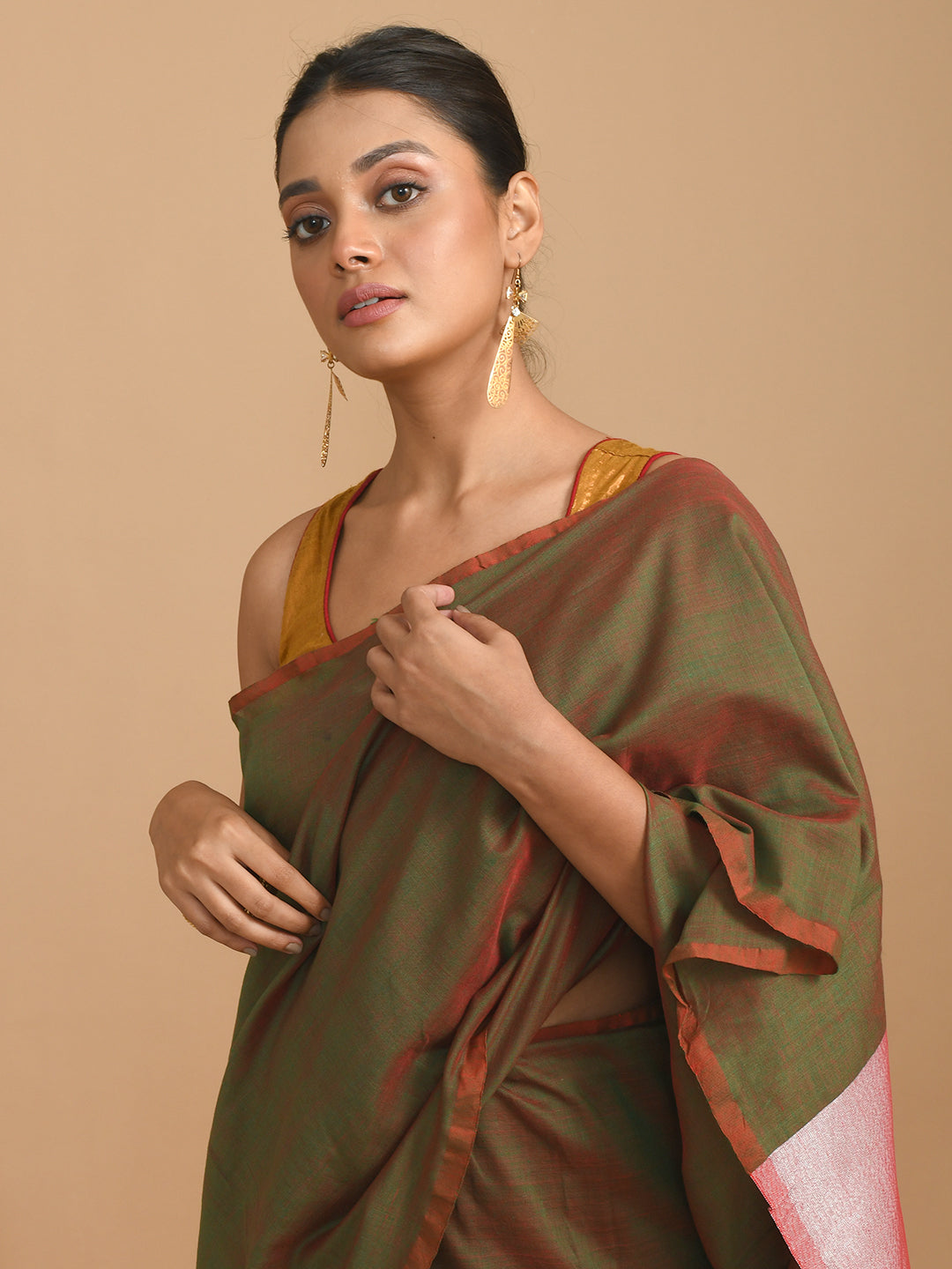 Green Solid Work Wear  Saree