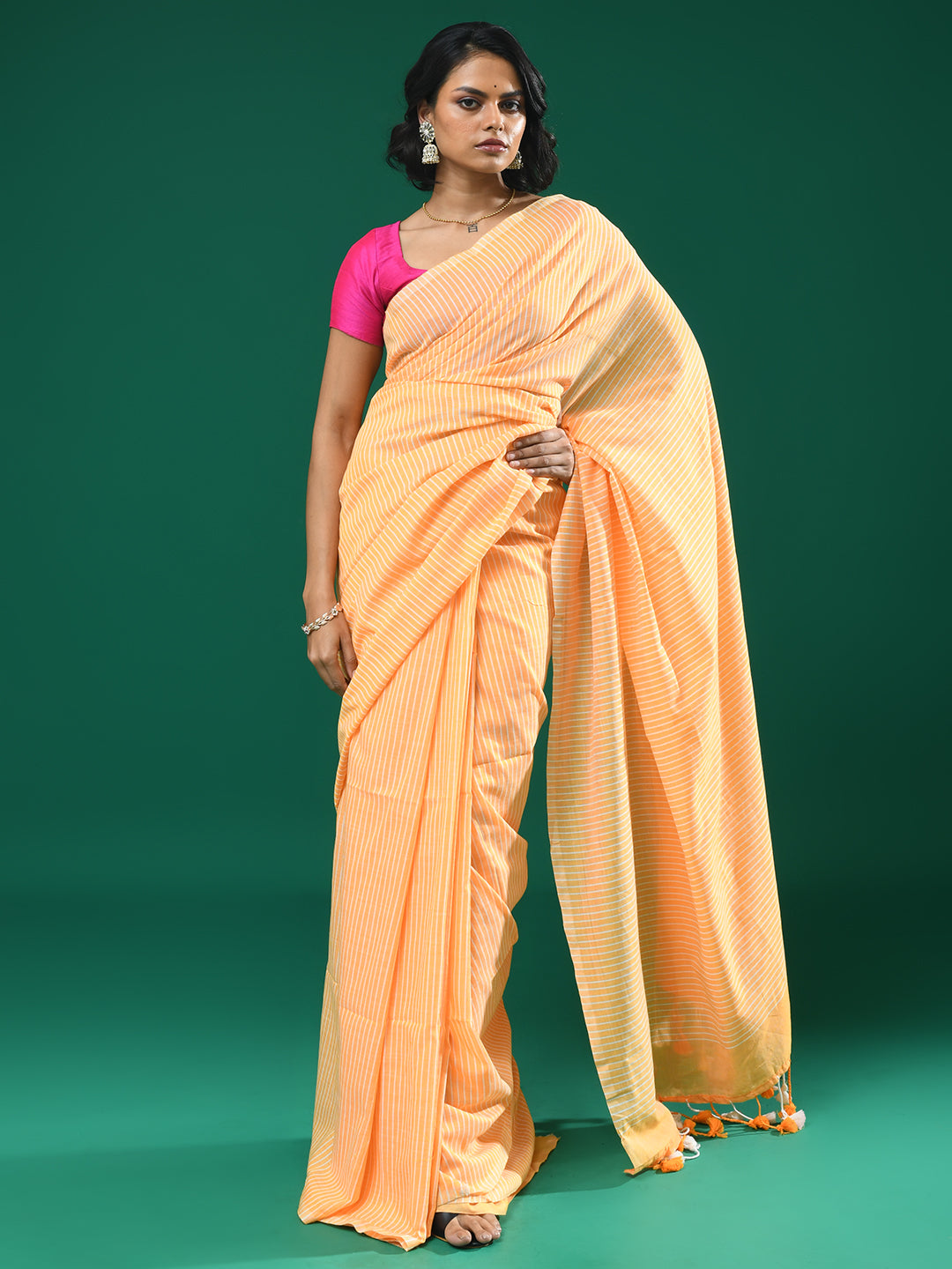 Orange Striped Daily Wear  Saree