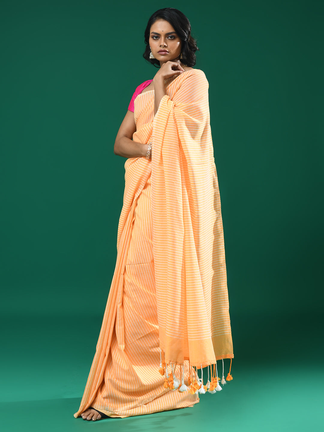 Orange Striped Daily Wear  Saree