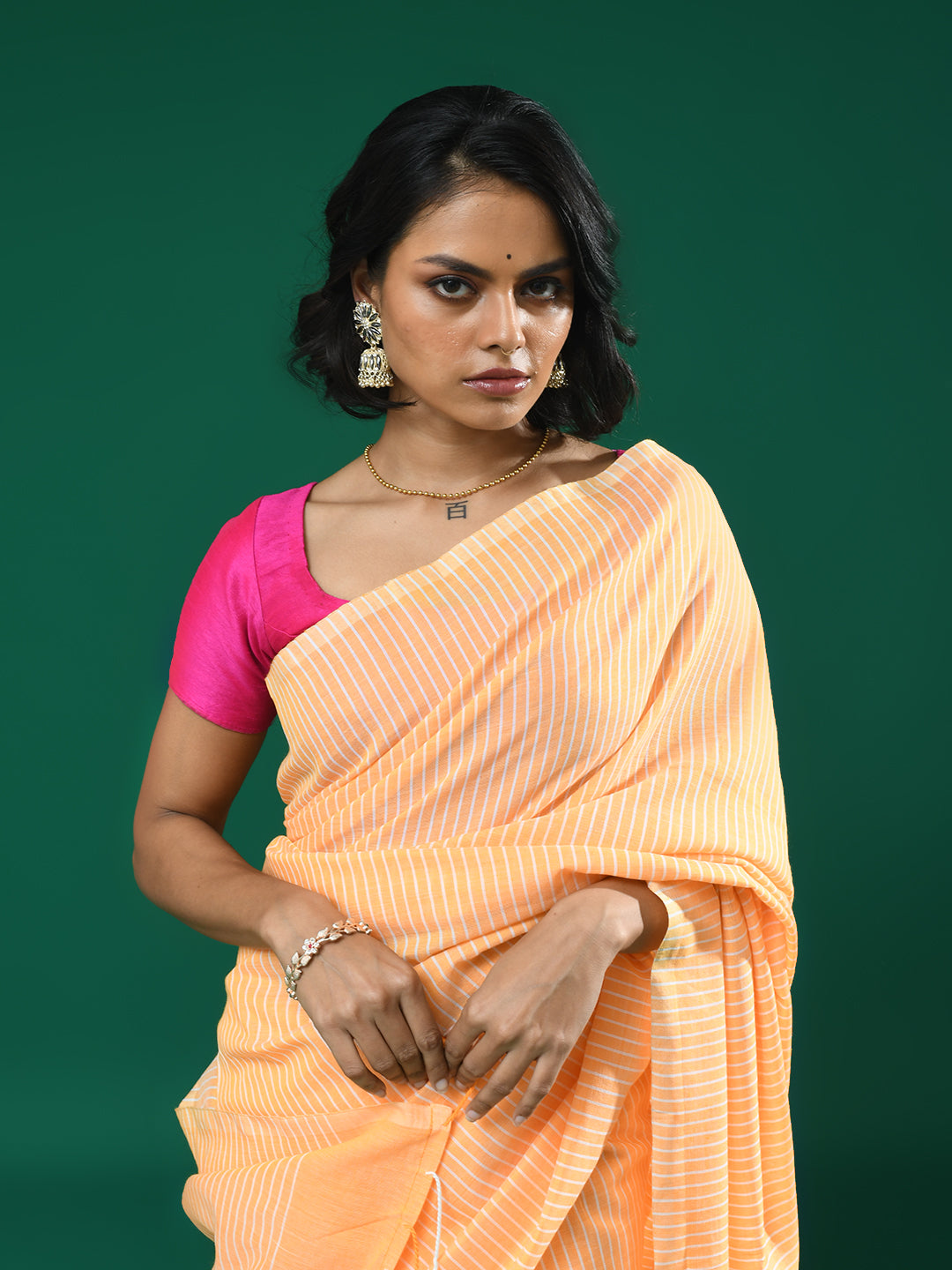 Orange Striped Daily Wear  Saree