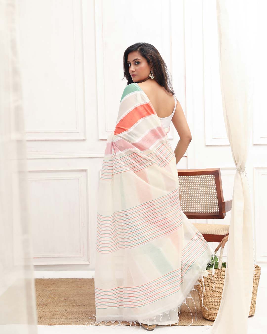 White Striped Daily Wear  Saree