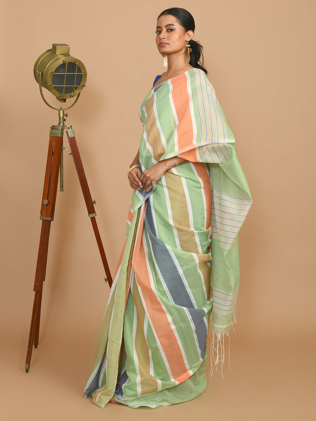 Green Striped Daily Wear  Saree