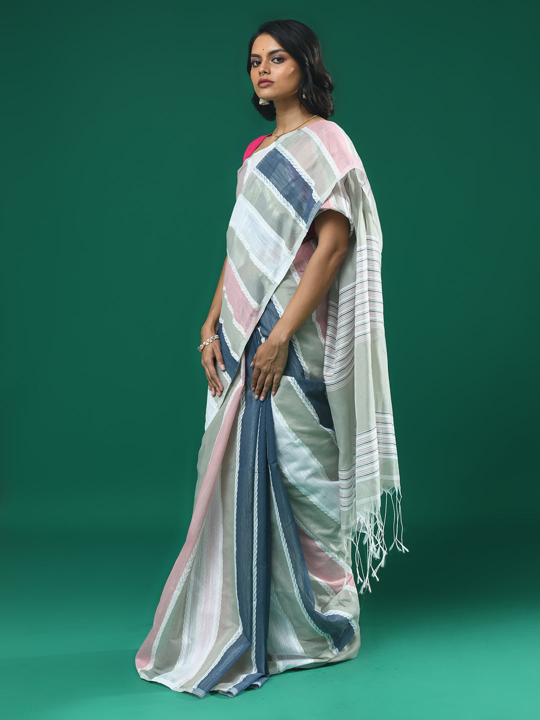 Grey Striped Daily Wear  Saree