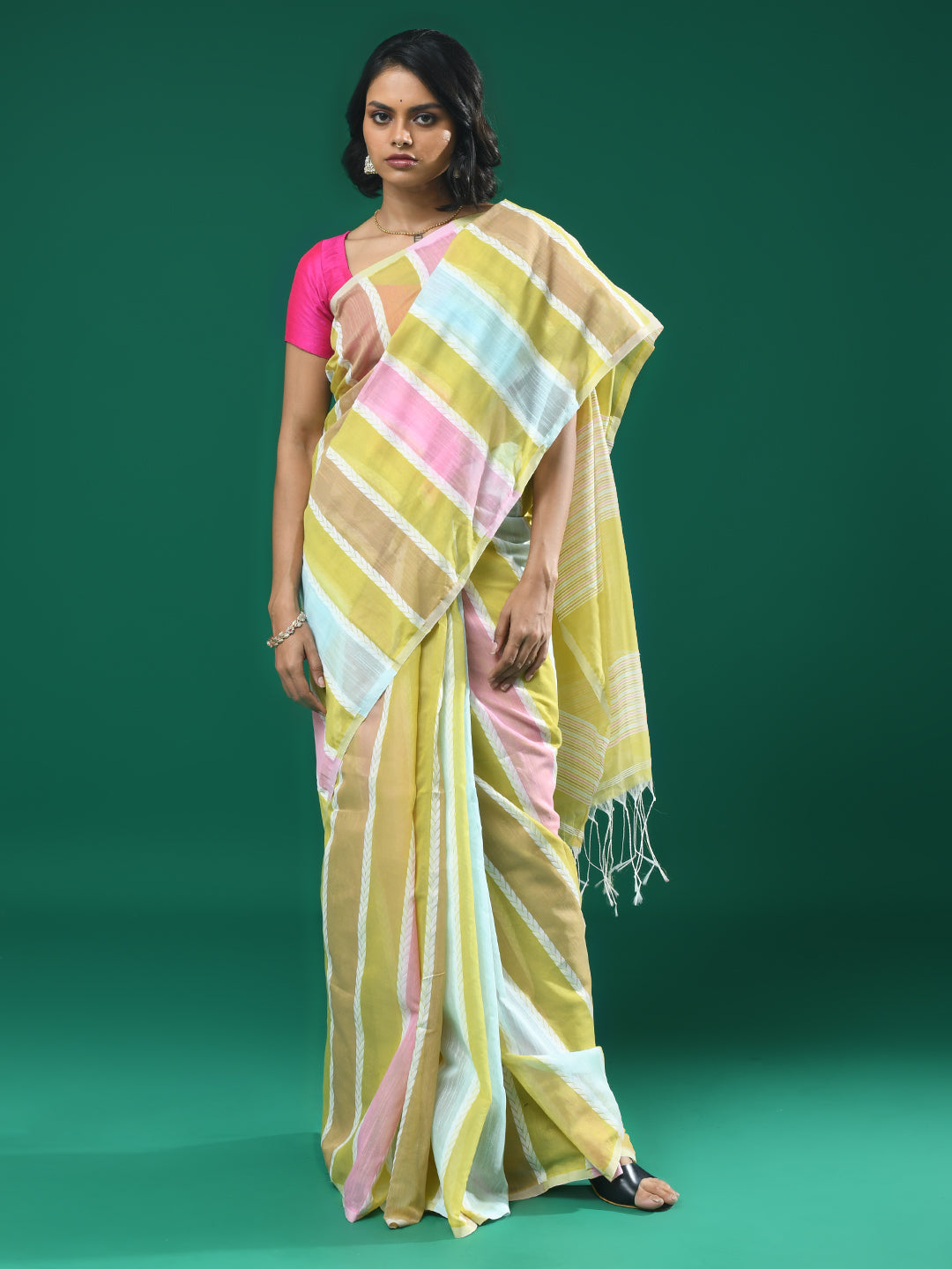 Yellow Striped Daily Wear  Saree