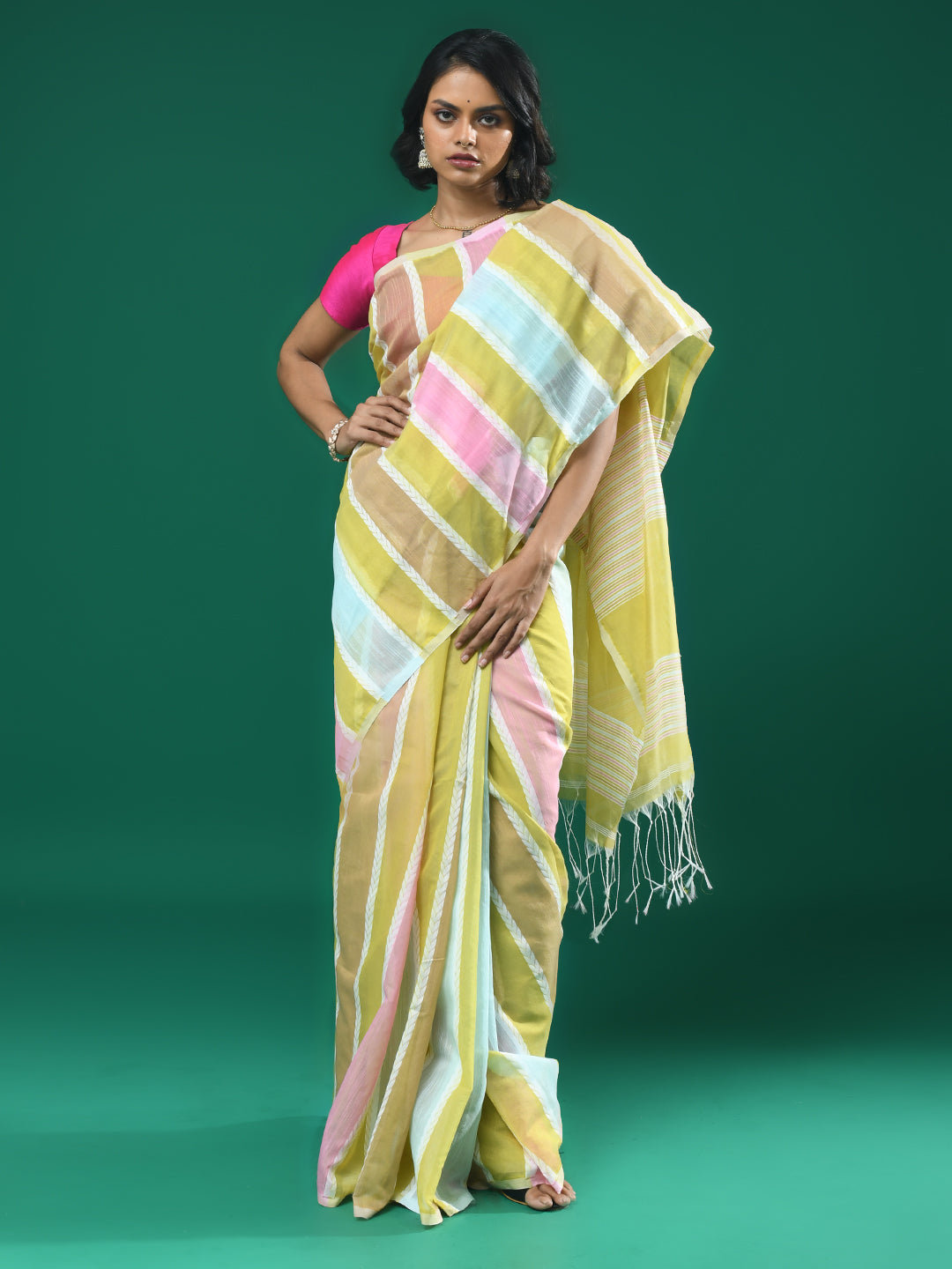 Yellow Striped Daily Wear  Saree