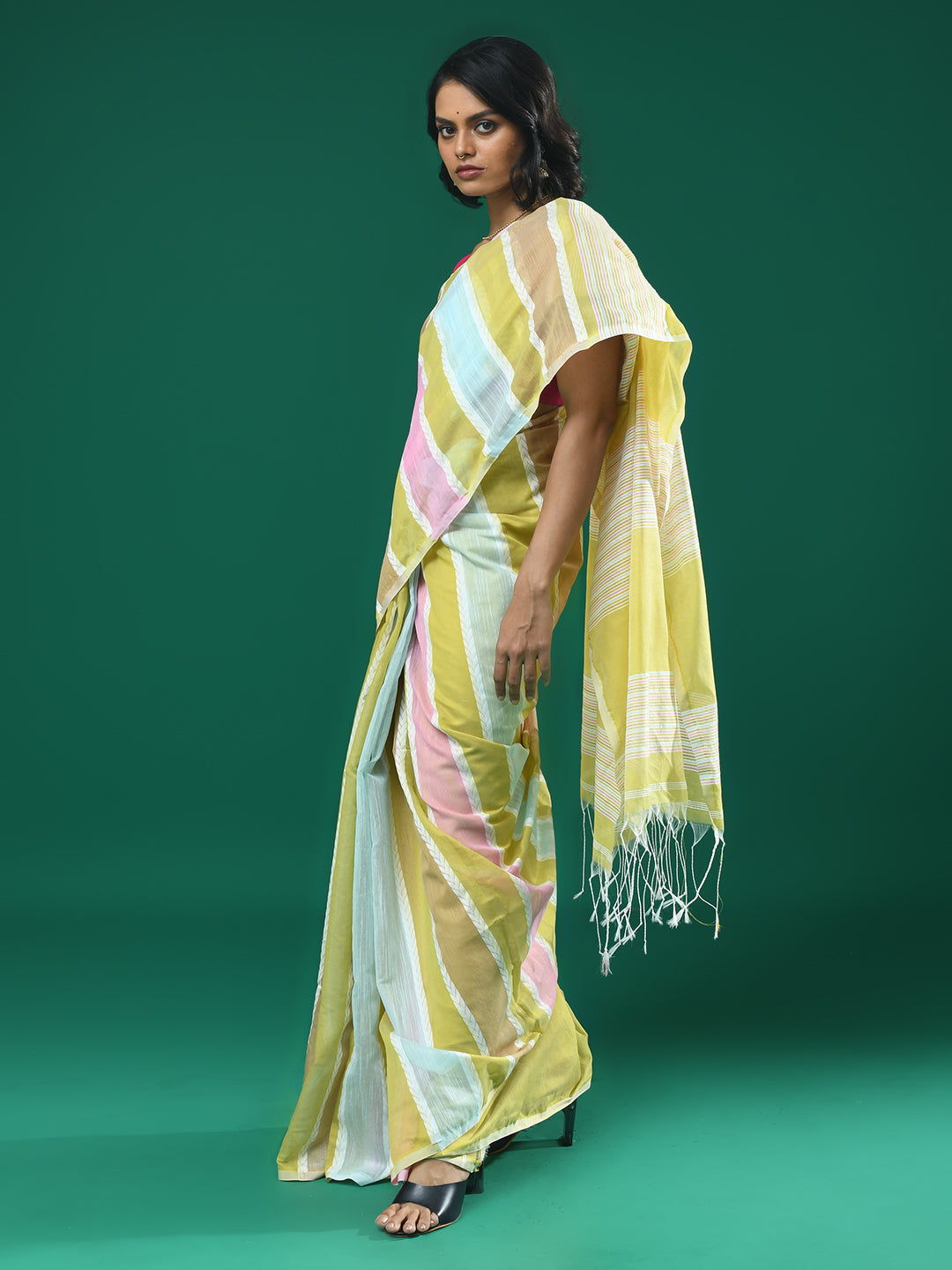 Yellow Striped Daily Wear  Saree