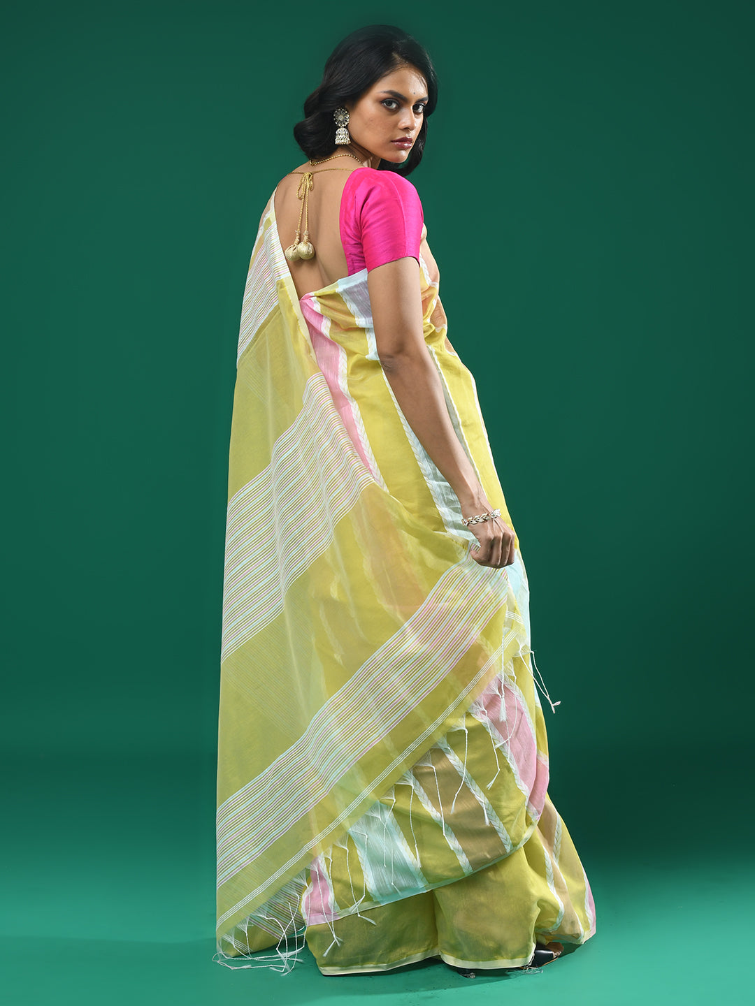 Yellow Striped Daily Wear  Saree