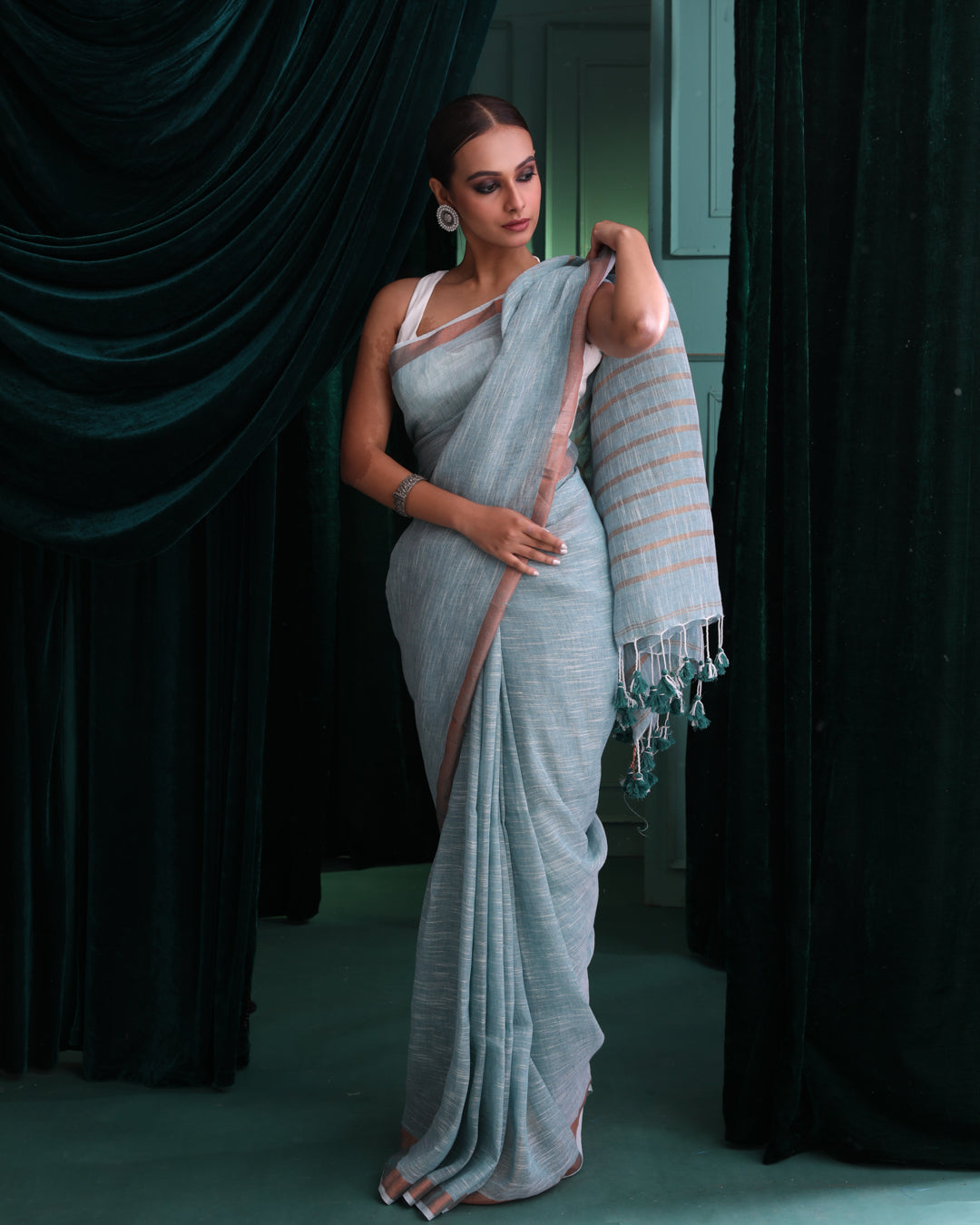 Jamdani Blue Solid Work Wear  Saree