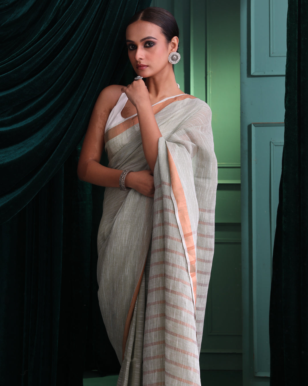 Jamdani Green Solid Work Wear  Saree