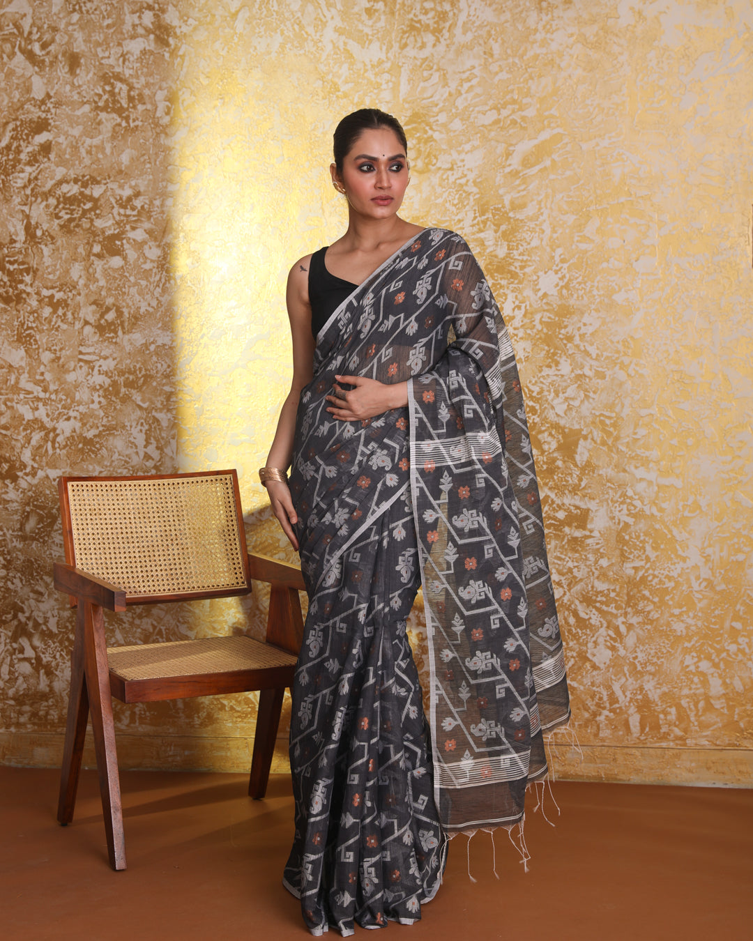 Jamdani Black Woven Design Work Wear  Saree