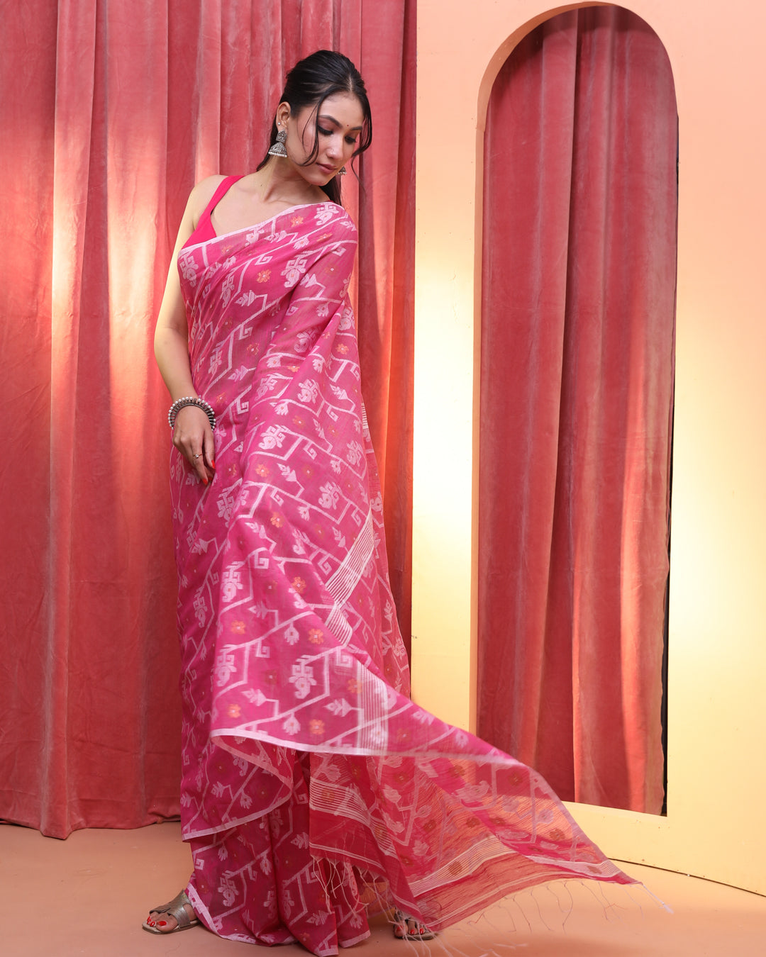 Jamdani Pink Woven Design Work Wear  Saree