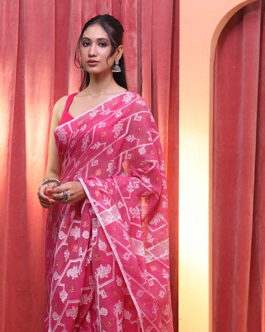 Jamdani Pink Woven Design Work Wear  Saree