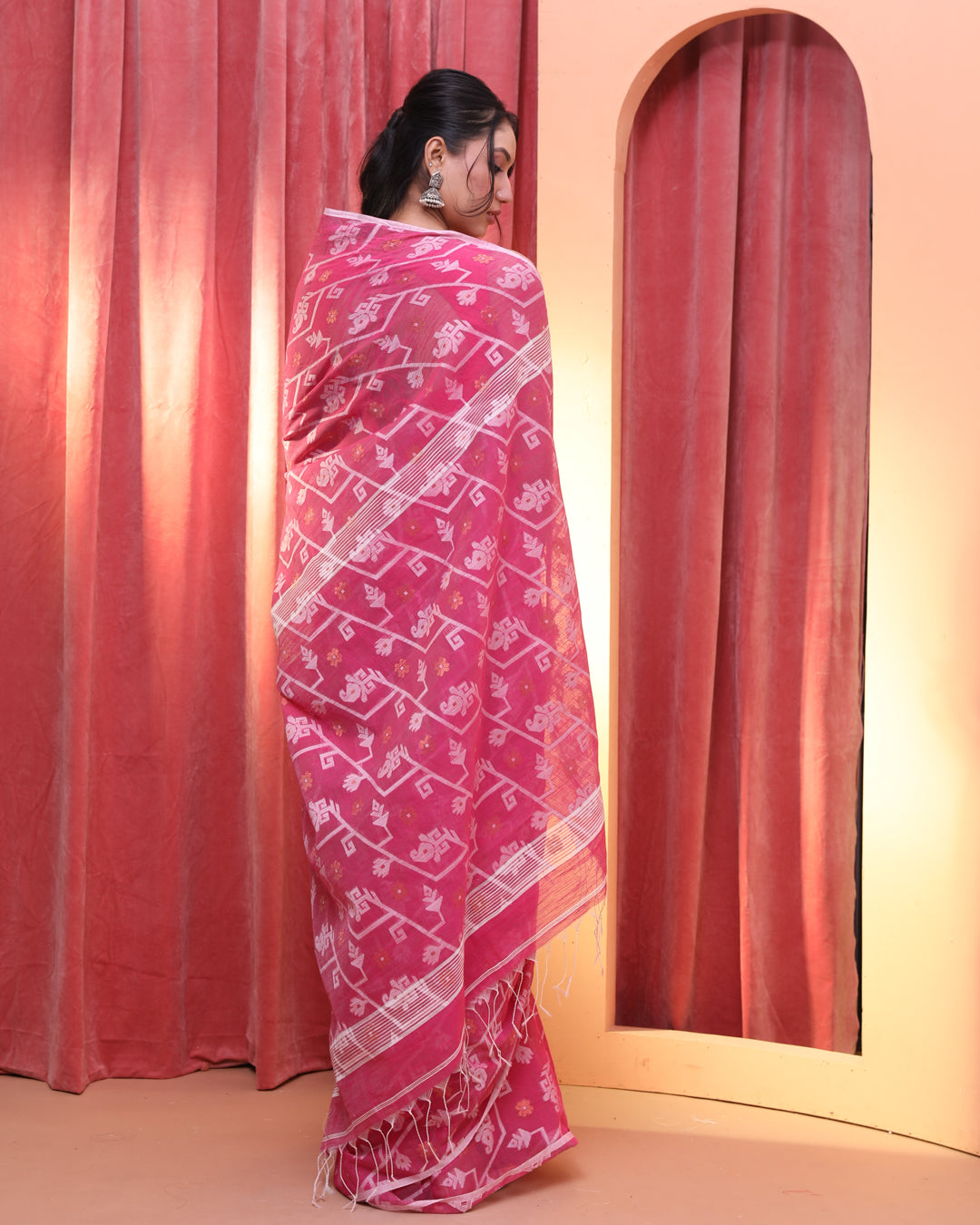 Jamdani Pink Woven Design Work Wear  Saree