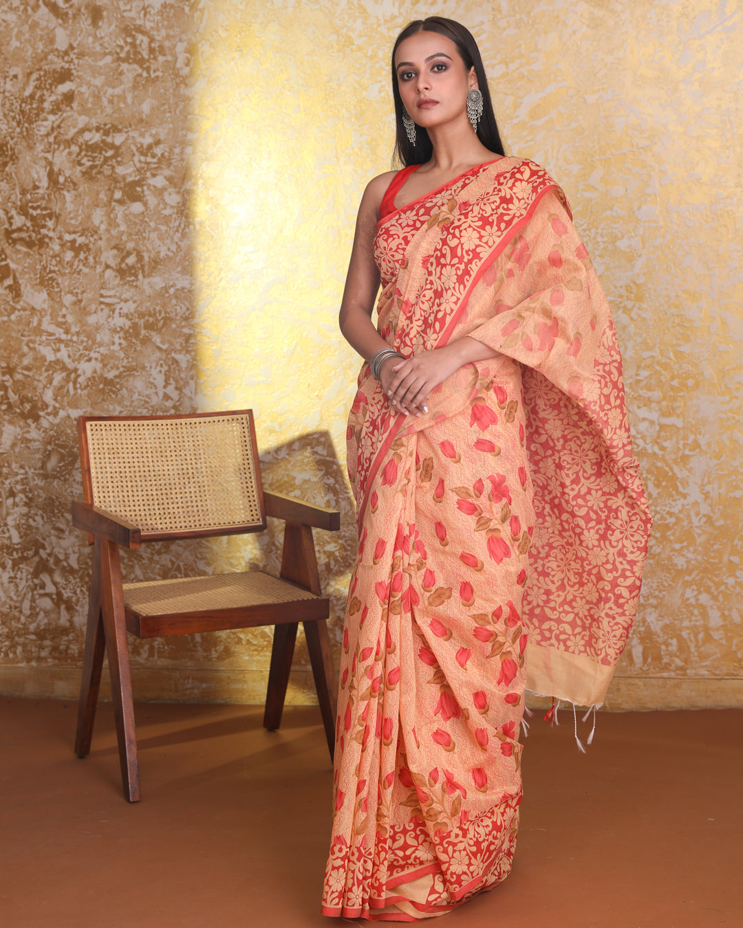 Jamdani Beige Printed  Wear  Saree