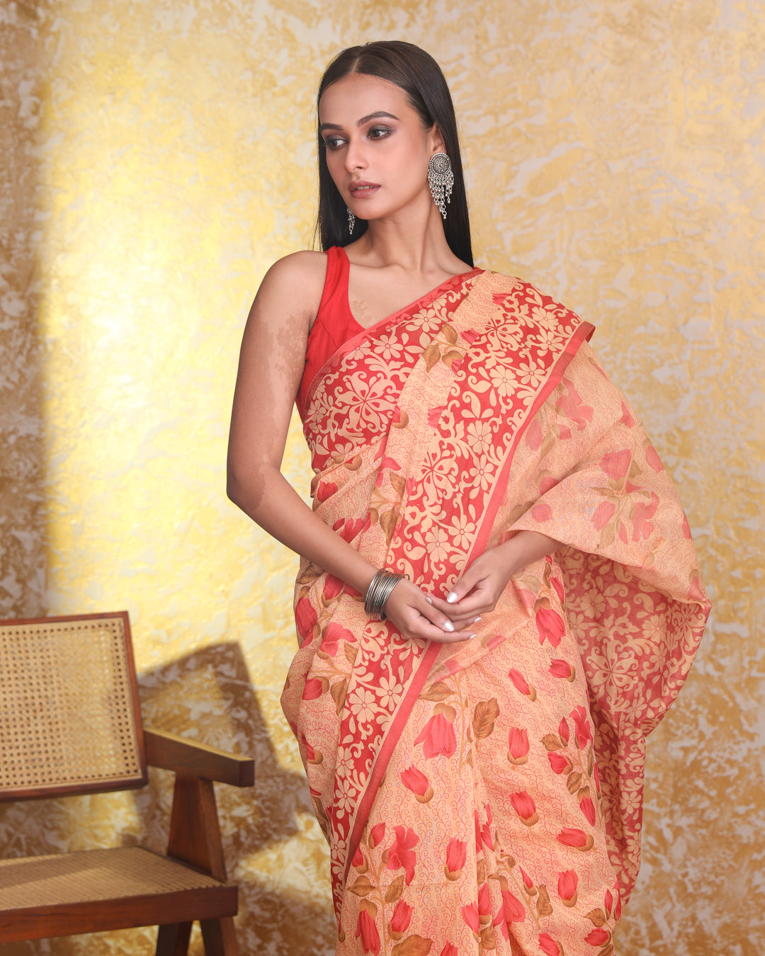 Jamdani Beige Printed  Wear  Saree