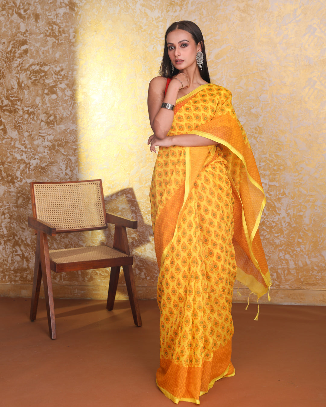 Jamdani Yellow Printed  Wear  Saree