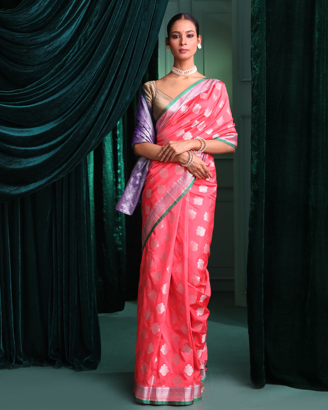 Kanjeevaram Coral Woven Design Traditional Wear Saree