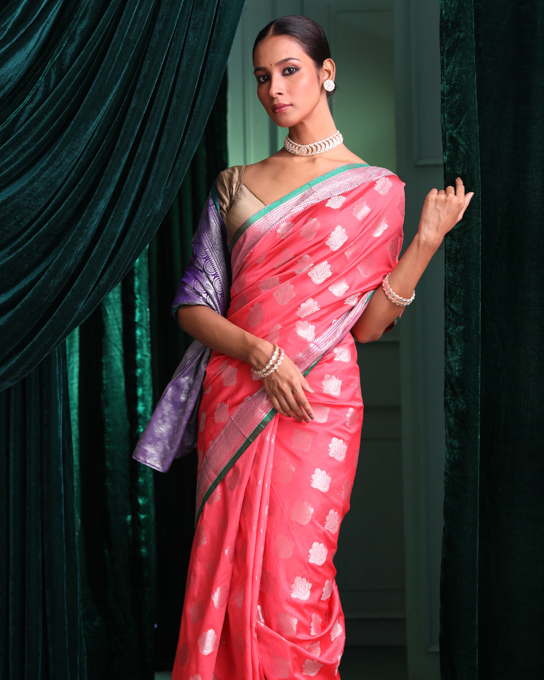 Kanjeevaram Coral Woven Design Traditional Wear Saree