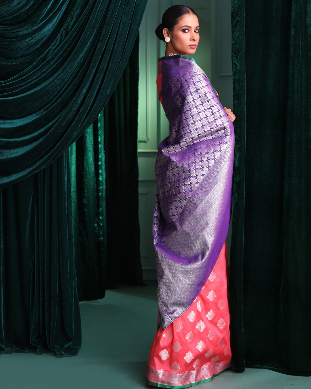 Kanjeevaram Coral Woven Design Traditional Wear Saree