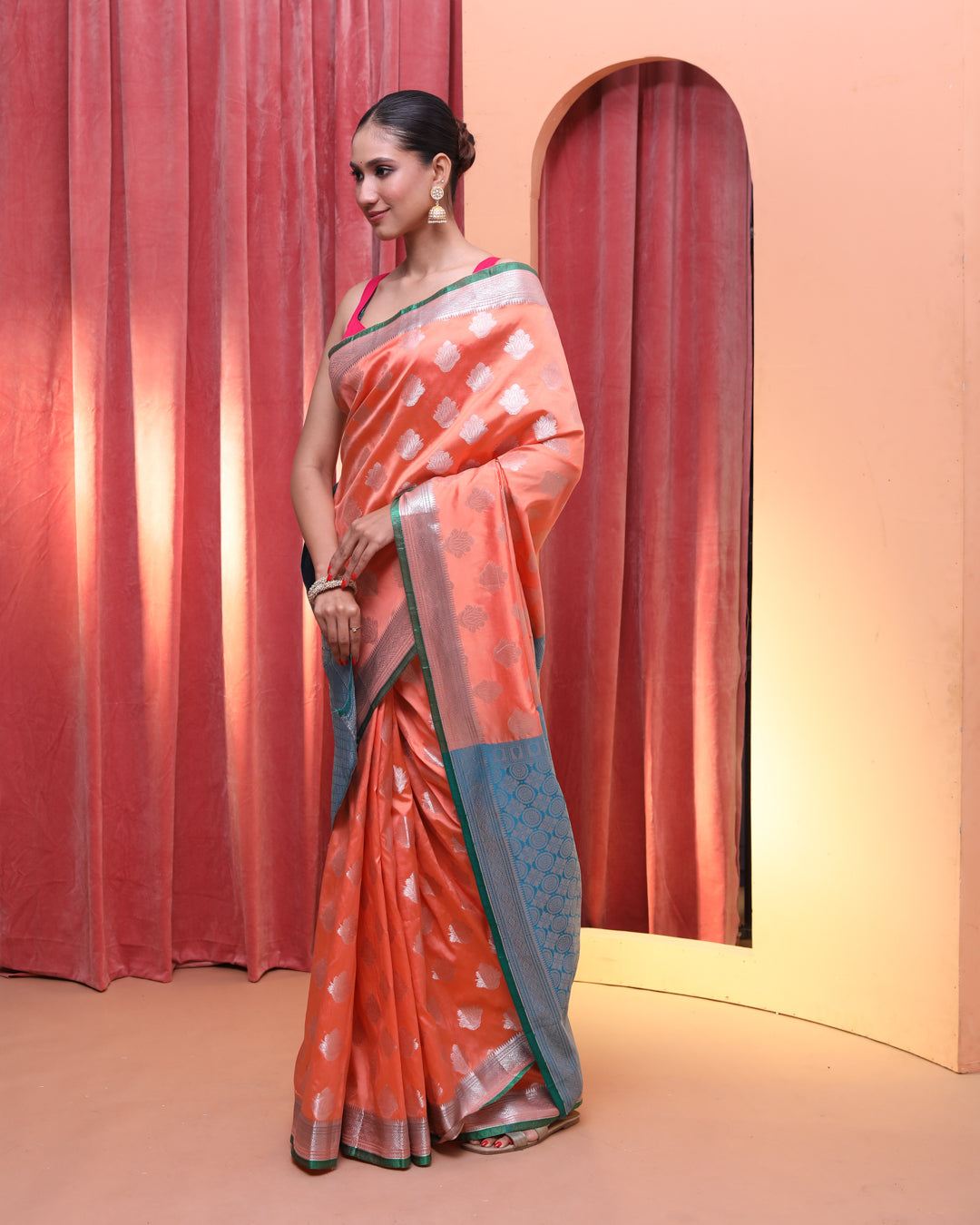 Kanjeevaram Peach Woven Design Traditional Wear  Saree