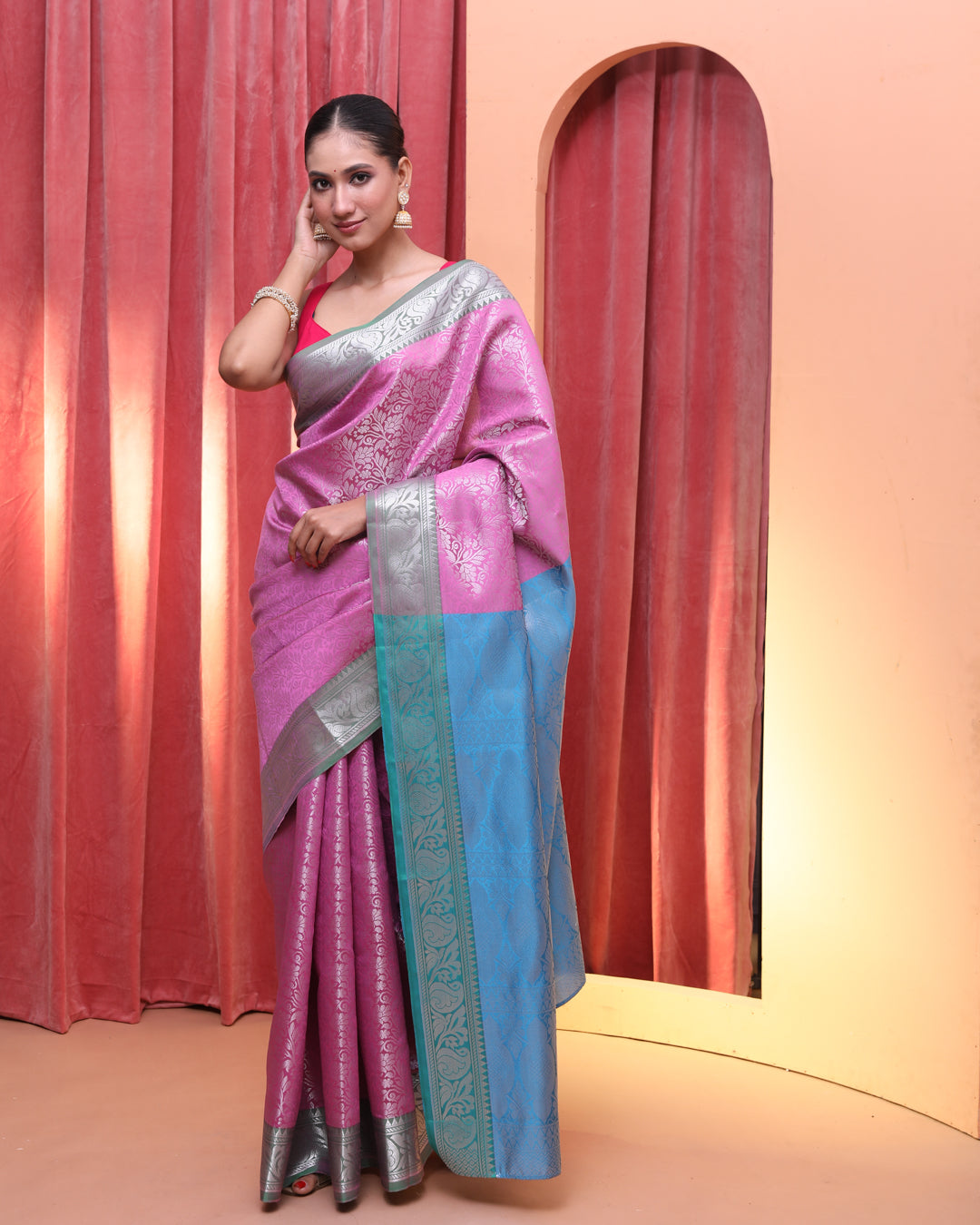 Kanjeevaram Pink Woven Design Traditional Wear  Saree