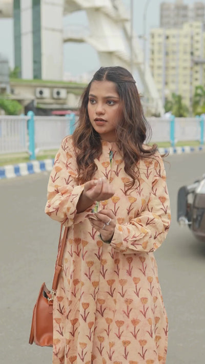 Sand Marigold — Block Print Cotton Long Kurta with Contrast Teal Collar and Cuffs