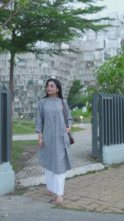 Slate Ease — Handloom Cotton Long Kurta with Back Pleat