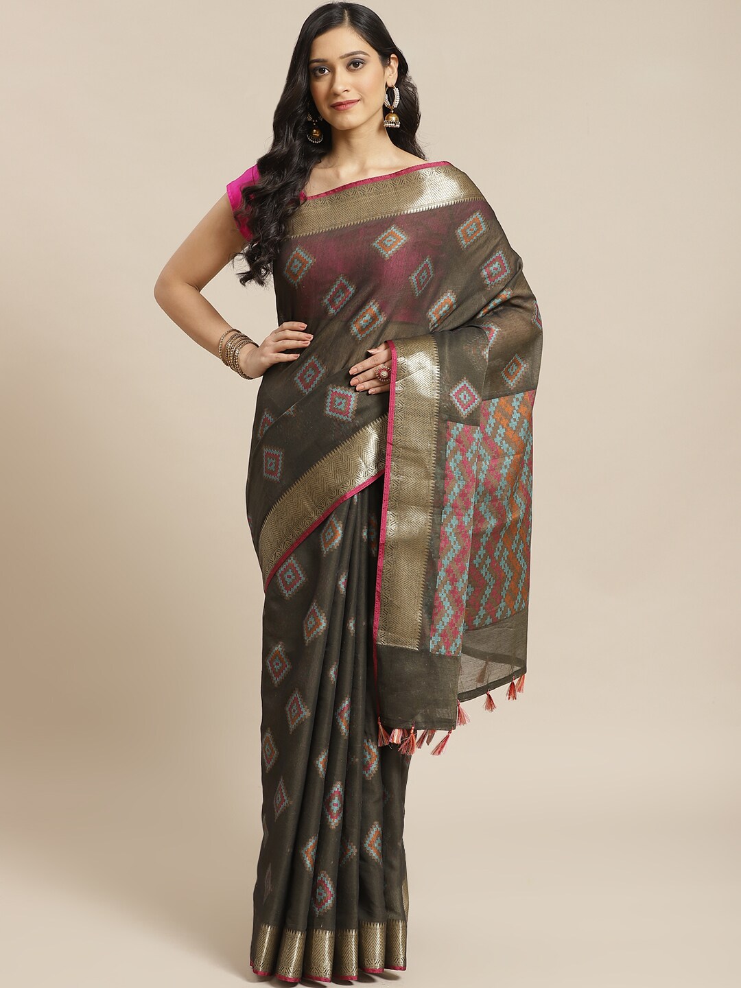 Indethnic Black Pure Cotton Solid Saree - View 1