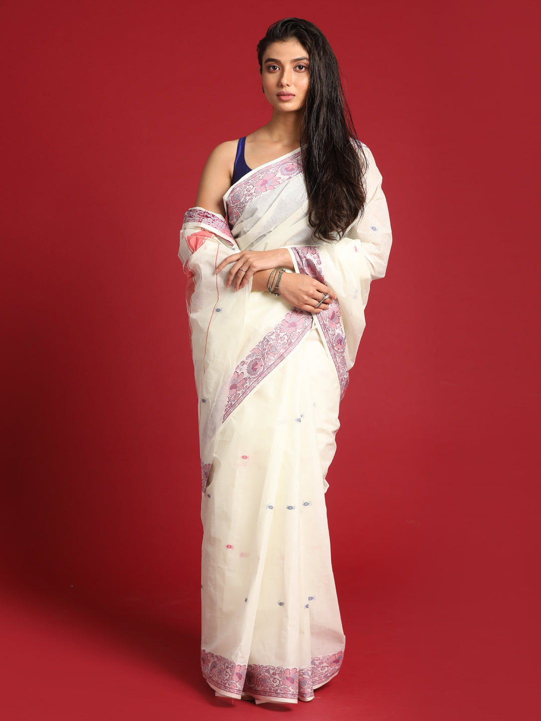 Indethnic White Woven Design Saree - View 2